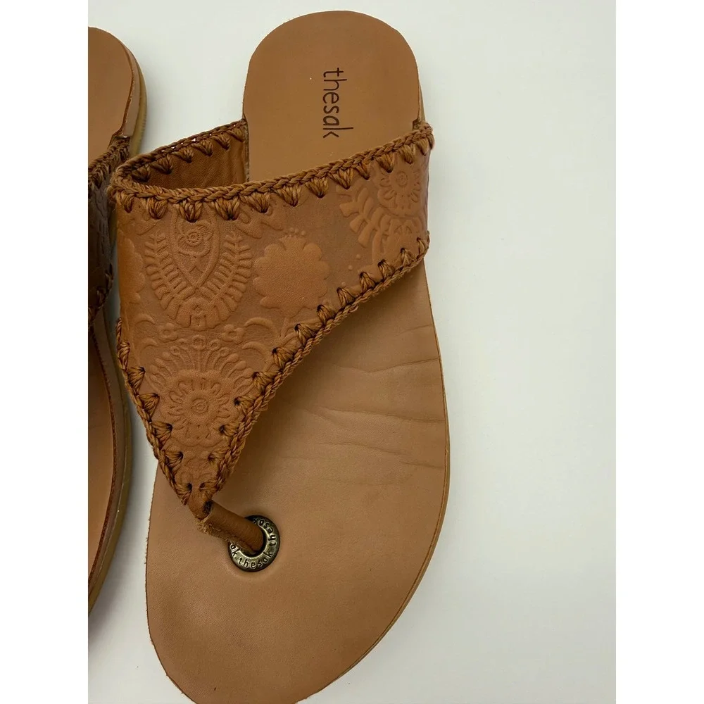 The Sak Women's Leather Embossed Thong Sandals Brown Boho Flip Flops Size 8